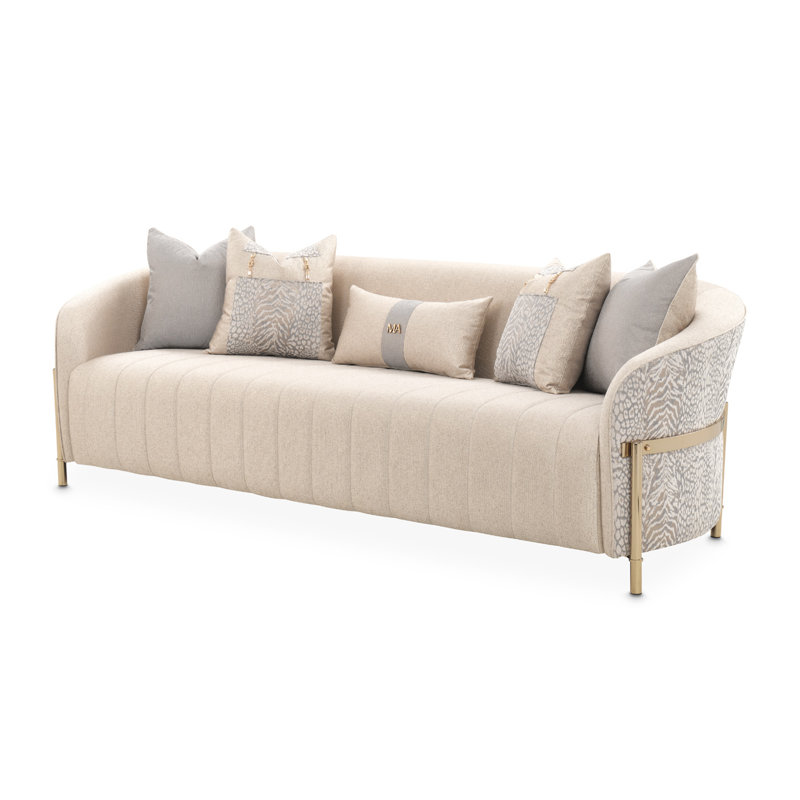 Lisbon 98'' Beige Chenille Round Arm Sofa with Gold Accents
