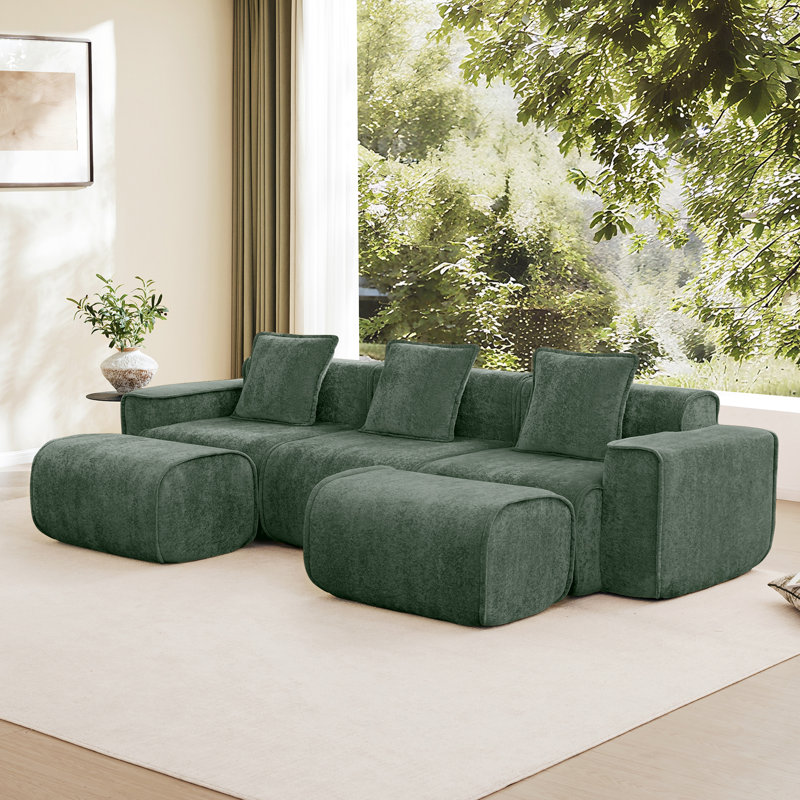 Canapé modulaire en U à 3 places avec passepoil à bordure française, sans assemblage requis, canapé 3 places avec coussins décoratifs et 2 repose-pieds mobiles, tissu de velours vert