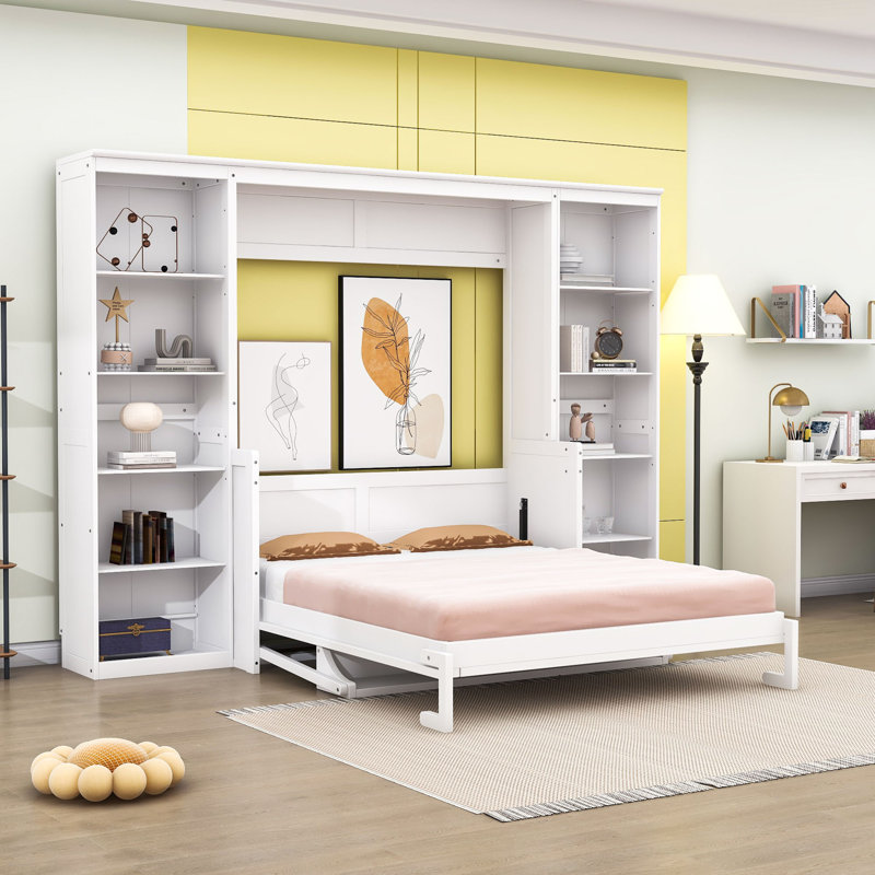 Lit escamotable en bois Acton avec bureau intégré et bibliothèque de rangement, Double