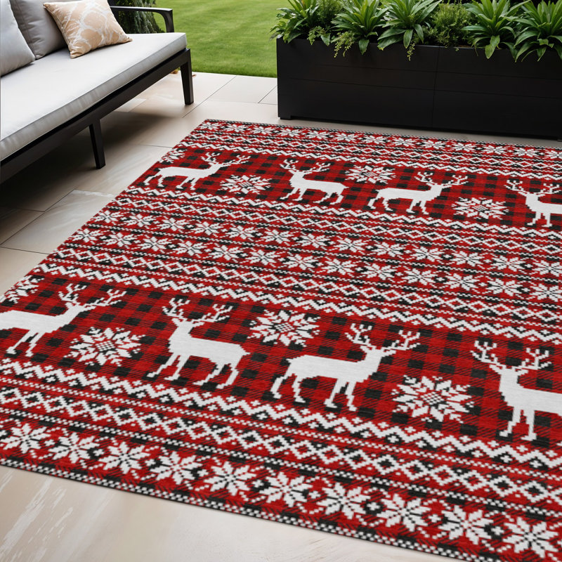 Tapis intérieur lavable pour l'extérieur 5 pi x 8 pi rouge et noir ivoire