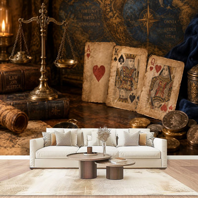 Papier peint mural autocollant de style vintage, motif cartes à jouer, balance en laiton, casino, décoration murale moderne pour chambre ou salon, 254 cm x 366 cm