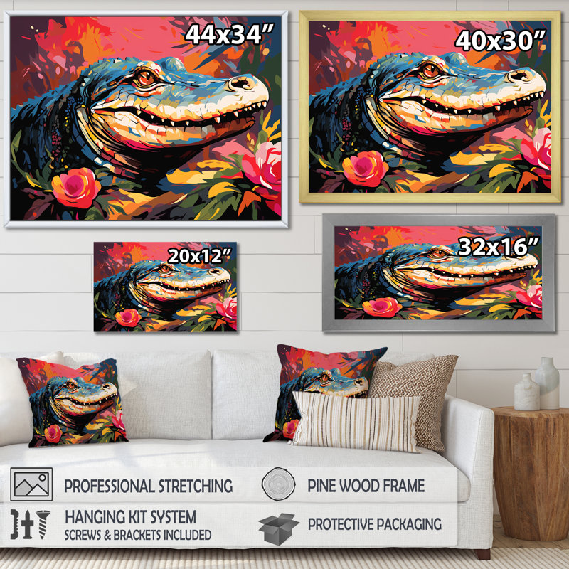 Popart alligator Blooms II - crocodile, art mural, Cadre flottant doré, H 12 po x l 20 po x P 1 po