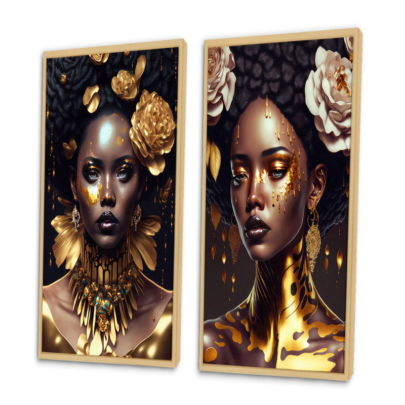 «Gold and Black Floral Woman VI», 2 pièces sur toile, Encadrement brun, H 32 po x l 32 po