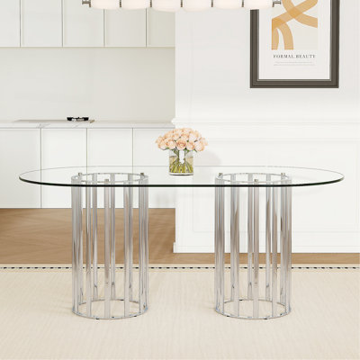 71 inch oval tempered glass dining table,silver double column light luxury style,tempered glass scratch resistant and easy to clean.Suitable for 6-8 people dining,modern light luxury restaurant table.