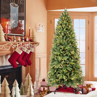 Arbre de Noël artificiel 7,5 pi pré-éclairé, 450 lumières DEL blanc chaud, 1599 pointes de branches mixtes en PVC + PE, structure à charnières, support en métal pour un soutien solide