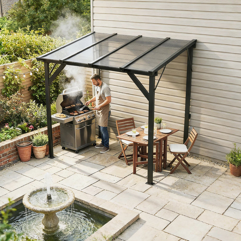 Spacious Outdoor Canopy Shelter With Hardtop Grill Gazebo, Lean-To Design For Patio And Poolside Use