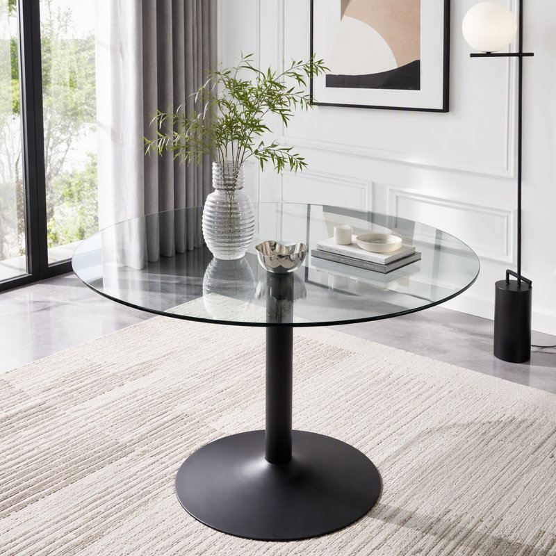 Table de salle à manger ronde en verre trempé avec piètement en métal noir