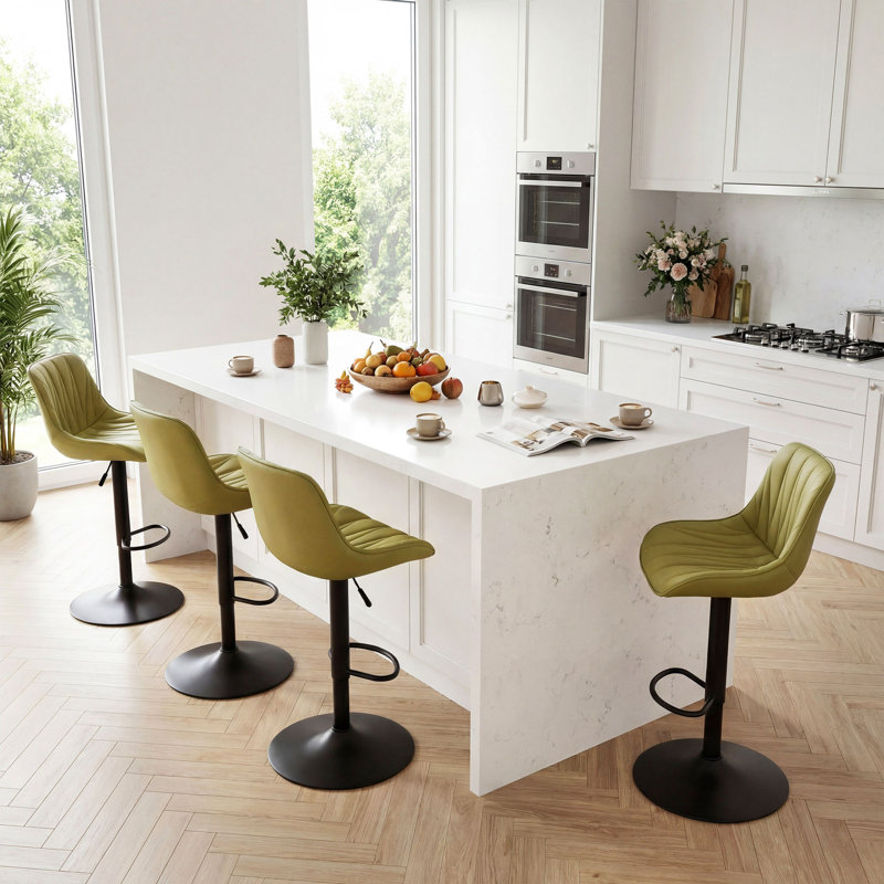 Modern Height Adjustable Swivel Bar Stools Upholstered Leather Barstool Kitchen Island Chairs With Metal Frame, Avocado Green