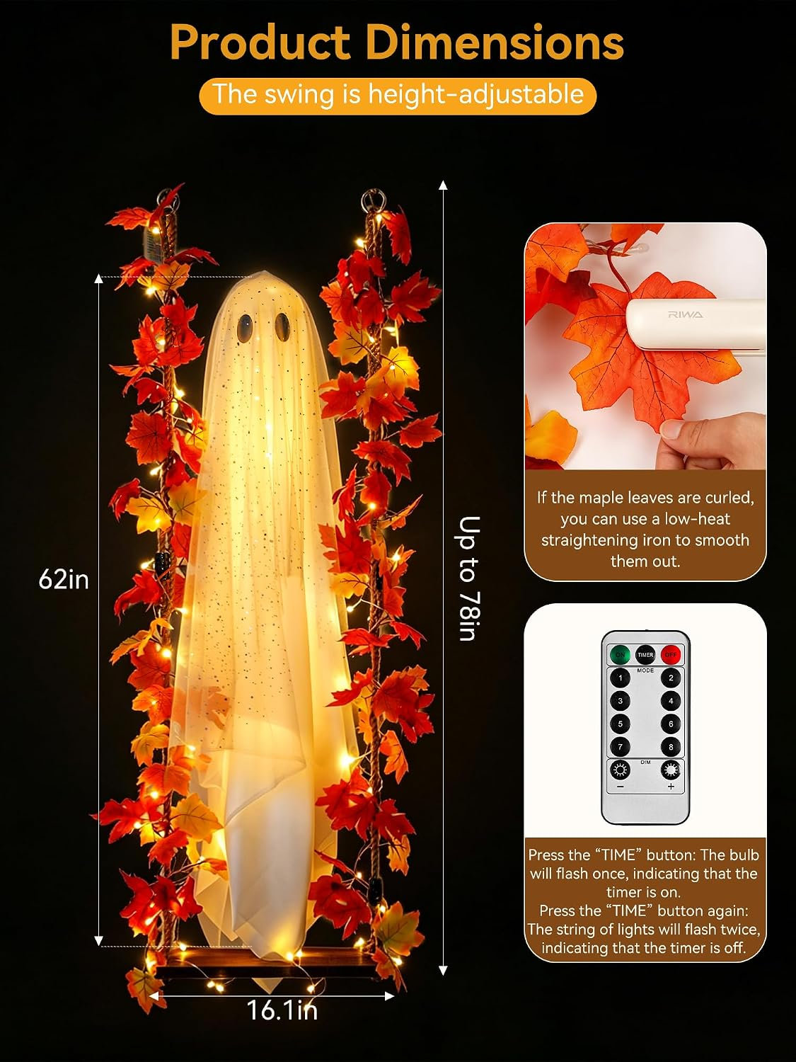 Lighted Swinging Ghost Halloween Decoration 4.4 FT, Large Outdoor Hanging Ghost with String Lights, Spooky Cute Yard Decoration for Porch, Tree, Garden, Party