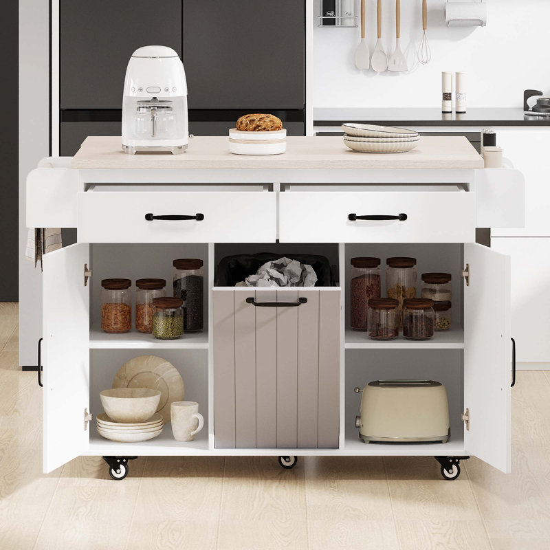 K&K Kitchen Island With Trash Can Storage Cabinet, Kitchen Cart With Drop Leaf, Spice Rack, Towel Rack And Drawer, Rolling Kitchen Island On Wheels With Adjustable Shelf, White