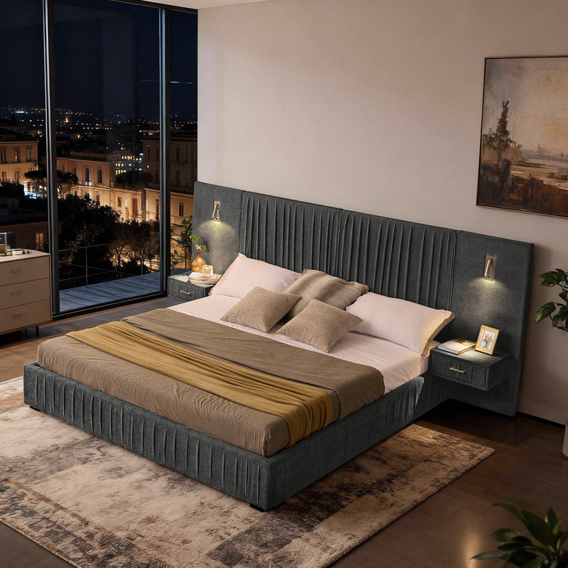 King Size Upholstered Platform Bed with Integrated Nightstands,Adjustable Reading Lights, Dark Gray