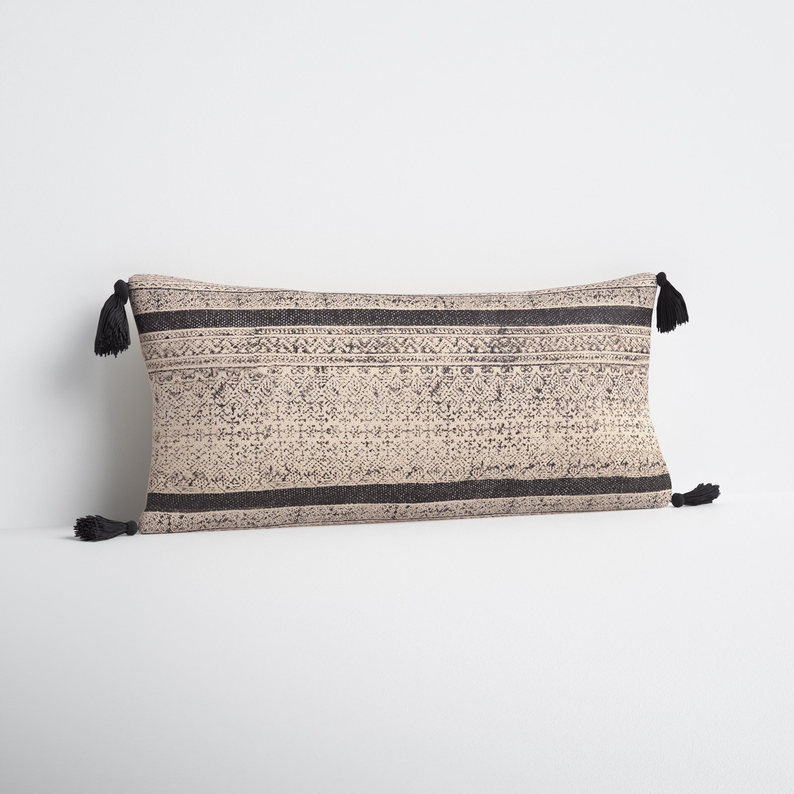 Zetta Tassels Cotton Lumbar Throw Pillow, Down, Beige/Black