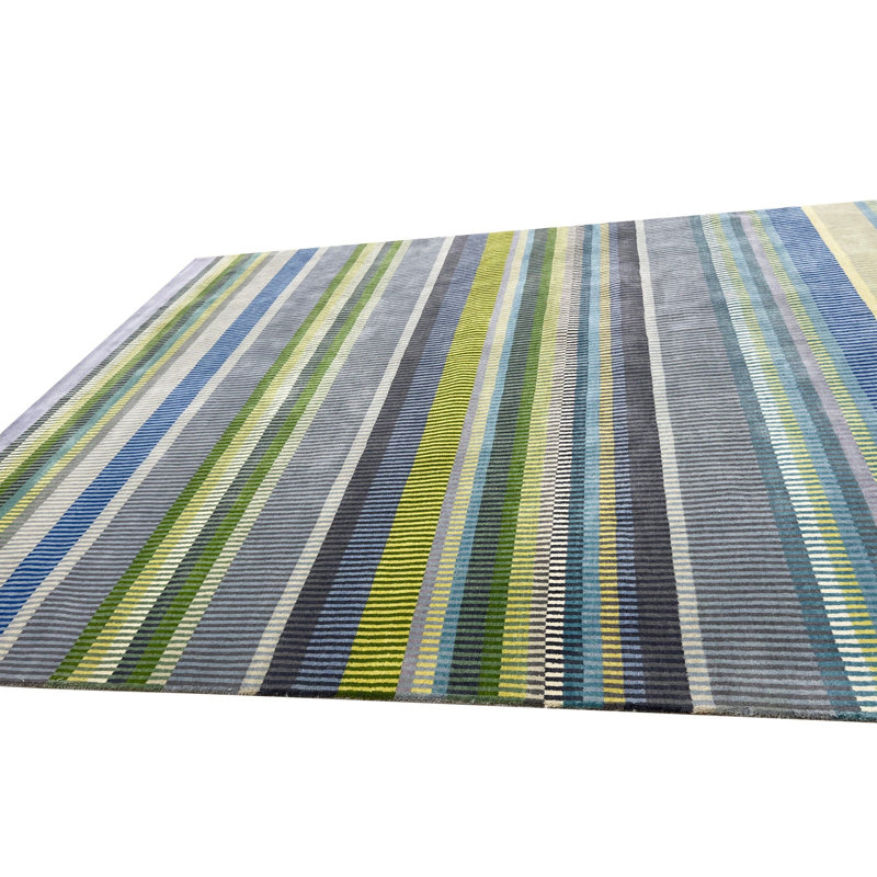 Tapis vert moderne à rayures géométriques en laine noué à la main vert, 8 pi x 10 pi