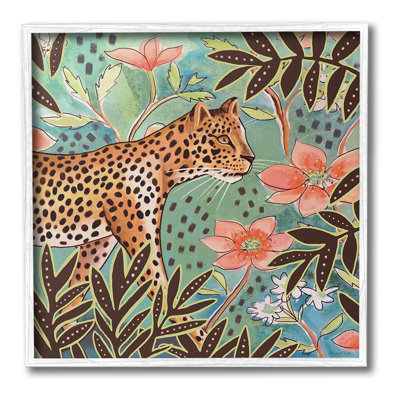 Léopard et fleurs de la jungle, estampe numérique encadrée par Elizabeth Tyndall