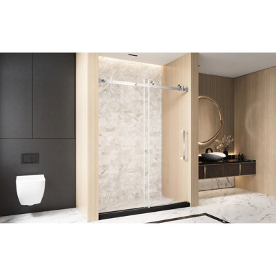 Bathroom Single Sliding Shower Door 56 - 60 "W X 76" H, 1/4"  6 Mm  Clear Tempered Glass With Film, Stainless Steel Handle And Square Tube Track In Brushed Nickel, American Design, Big Wheels For