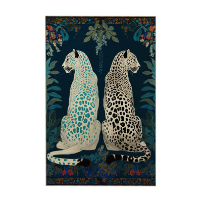 Paris Collection Green Toned Floral Detailed Two Tigers Pattern Modern Decorative Rug