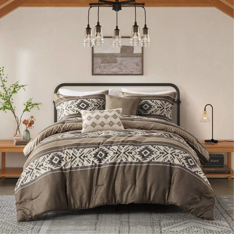 Édredon très grand / très grand, 5 pièces à chevrons rayés, brun, 2 coussins décoratifs, très grand chevrons