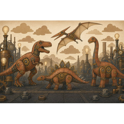 Papier peint mécanique avec dinosaures mécanique Steampunk