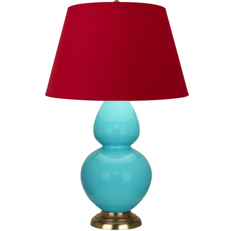 Lampe de table double gourde en céramique, Thé vert / taupe, Bleu œuf glacé / laiton, Laiton