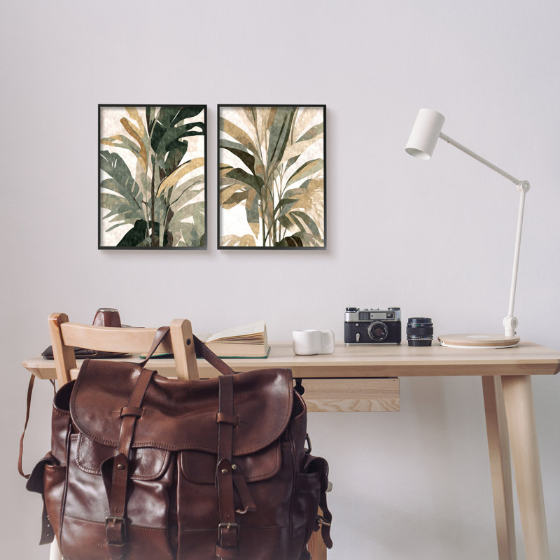 «Modern Palm Leaves», impression sur bois 2 pièces, H 14 po x l 22 po x P 1,5 po, Giclée encadrée noir minuit