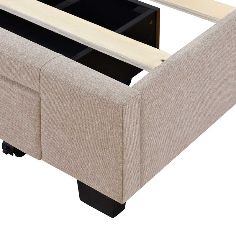 Grand lit plateforme tapissier avec rangement capitonné, Beige
