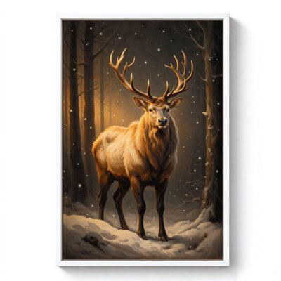 Cerf majestueux de Noël dans une forêt enneigée, tableau sur toile encadré, cadre blanc, 40 x 60 cm