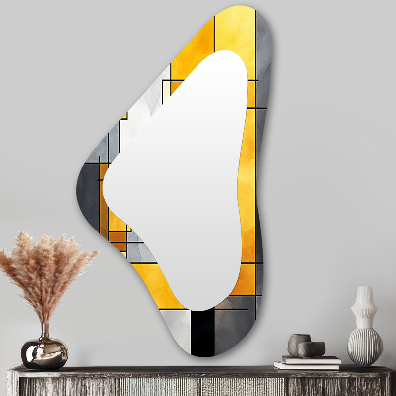 Varun Yellow and Grey geometric fusion 3 - Geometric Asymmetrical Mirror, Yellow Irregular Shape Decorative Wall Mirror, Printed Metal Art
