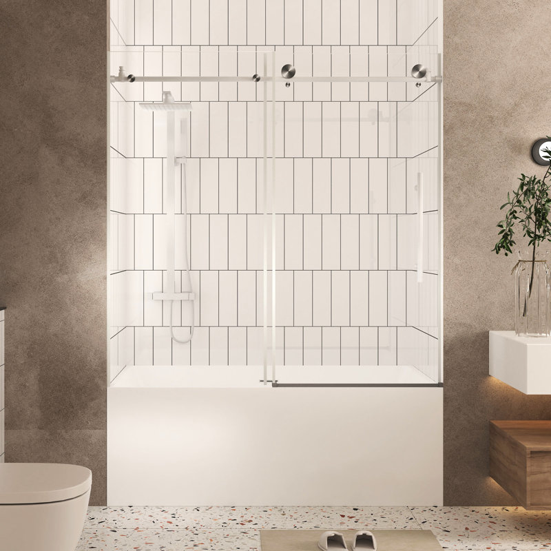 56 - 60" Wide Shower Door High, 6 Mm Thick Tempered Glass, Shatter Barrier Layer, Corrosion Stainless Steel Stick, Brushed Nickel Shine Large Wheels For Silent Glide Film, Rod, Glow Smooth Travel