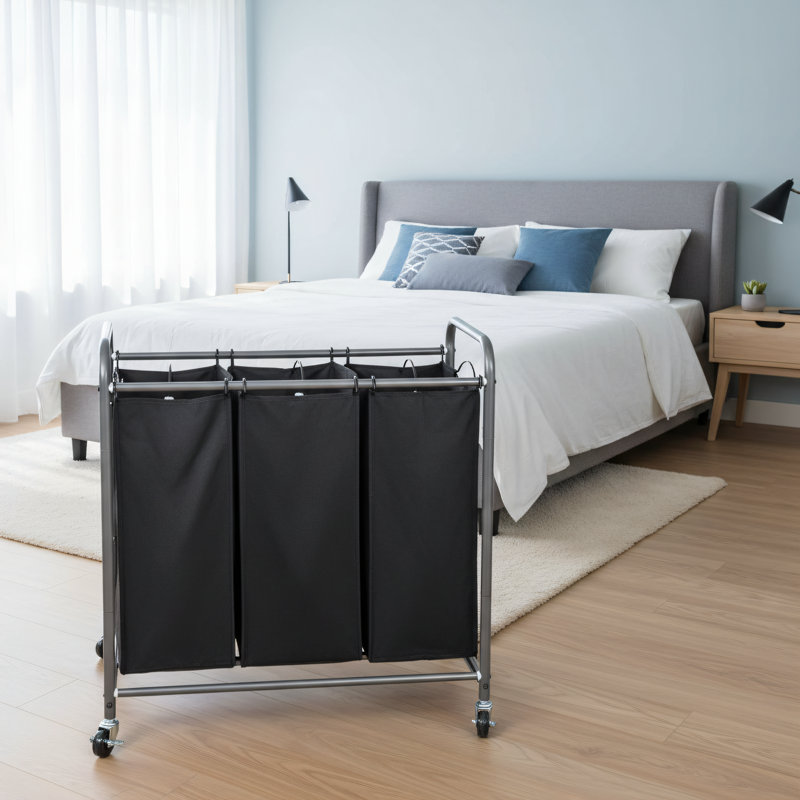 Black, Three-Compartment Clothing Sorting Basket Trolley, 35.9 Gallons (136 Liters) Capacity, Heavy-Duty Lockable Wheels + Removable Bags.