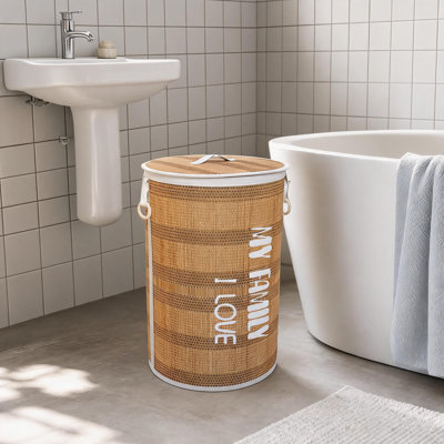 Round Laundry Basket, Natural Bamboo Laundry Hamper with Handles