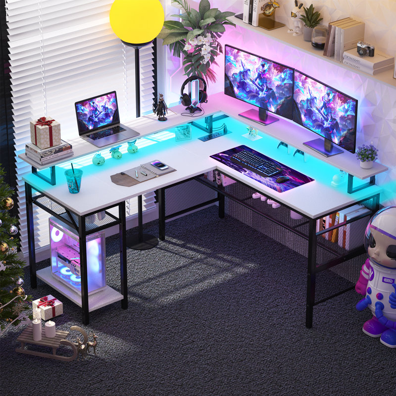 Aranson 55'' L shaped Computer Desk with Shelves, Writing Desk with Full Monitor Stand, Corner Desk with LED Lights, Gaming Desk