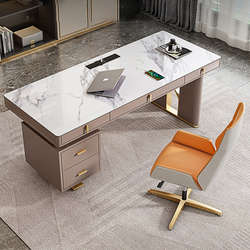 Beige Rectangular Sintered Stone Desk,5-Solid Wood drawer, 29.53" H x 70.87" W x 27.56" D
