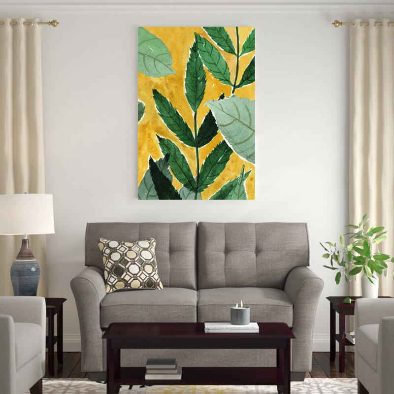 Feuilles vertes sur fond jaune - impression, H 48 po x l 32 po