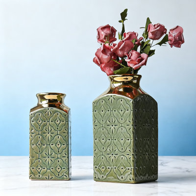 Modern Ceramic Vase Set Of 2, Vintage Green And Gold Farmhouse Decor For Living Room, Bedroom, Or Office Centerpieces, Rustic Minimalist Style For Fake Or Real Flower Arrangements
