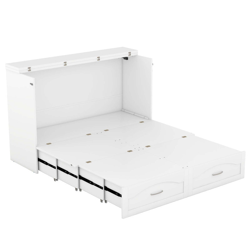 Lit escamotable mural Murphy avec tiroir et ensemble de prises et de ports USB, Grand lit, Blanc