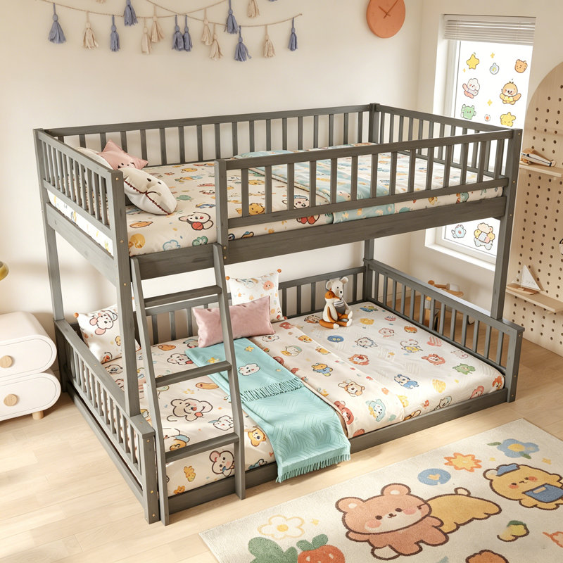 Lit double superposé au-dessus de grand lit double avec échelle et garde-corps, robuste et polyvalent pour toute pièce, Gris
