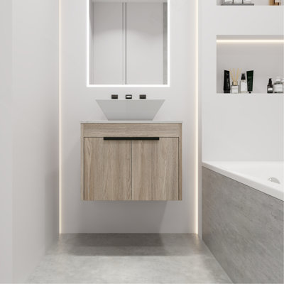 Ensemble de meuble-lavabo moderne 24 po avec lavabo en céramique, meuble-lavabo mural en chêne blanc avec porte à fermeture douce