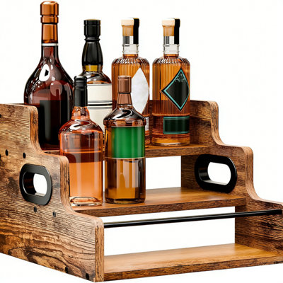 Solid wood wine bottle display rack, coffee syrup organizer, three-tier countertop beverage rack, mini bar, liquor cabinet, vintage-style home wine rack; suitable for storing whiskey, spirits, or spices.