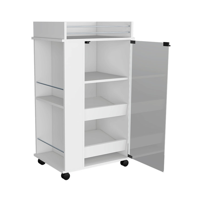 Chariot-bar avec tablettes à deux côtés Beaver, porte vitrée et surface supérieure, Blanc