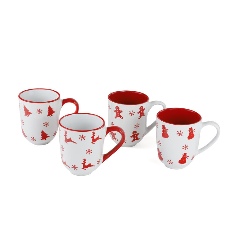 Winterfest Ceramic 12oz Christmas Mugs Set of 4, Red and White