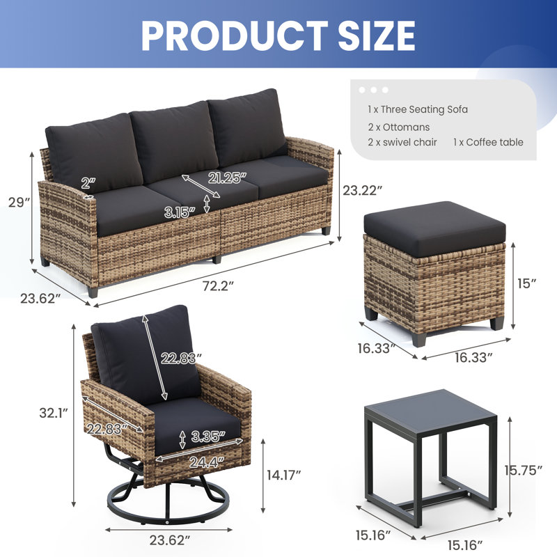 6-Piece Patio Wicker Conversation Set With 3-Seat Sofas, Swivel Rocking Chairs, And Ottomans,Backyard, Porch, Poolside, Black