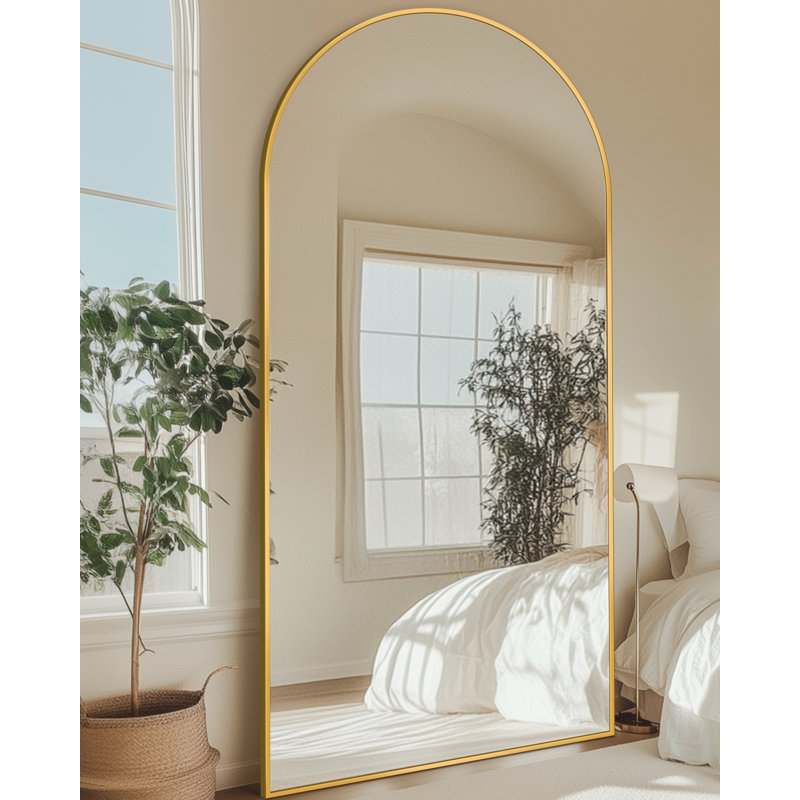 Miroir de plancher noir arqué avec support, miroir autoportant de 38 po x 77 po pour chambre à coucher, 77 po x 38 po, Doré