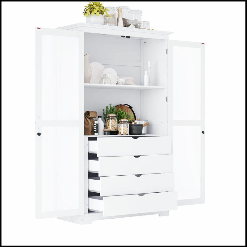 Kitchen Pantry, Freestanding Kitchen Storage Cabinet Display Cabinet with Glass Doors and 4 Built-in Drawers for Living Room, Home Office