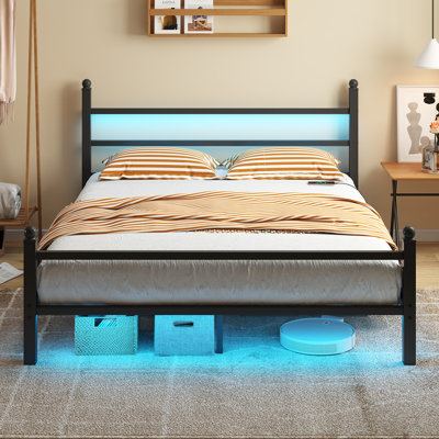 Full Bed Frame with LED Lights, White Wood Platform Bed with Headboard, No Box Spring Needed