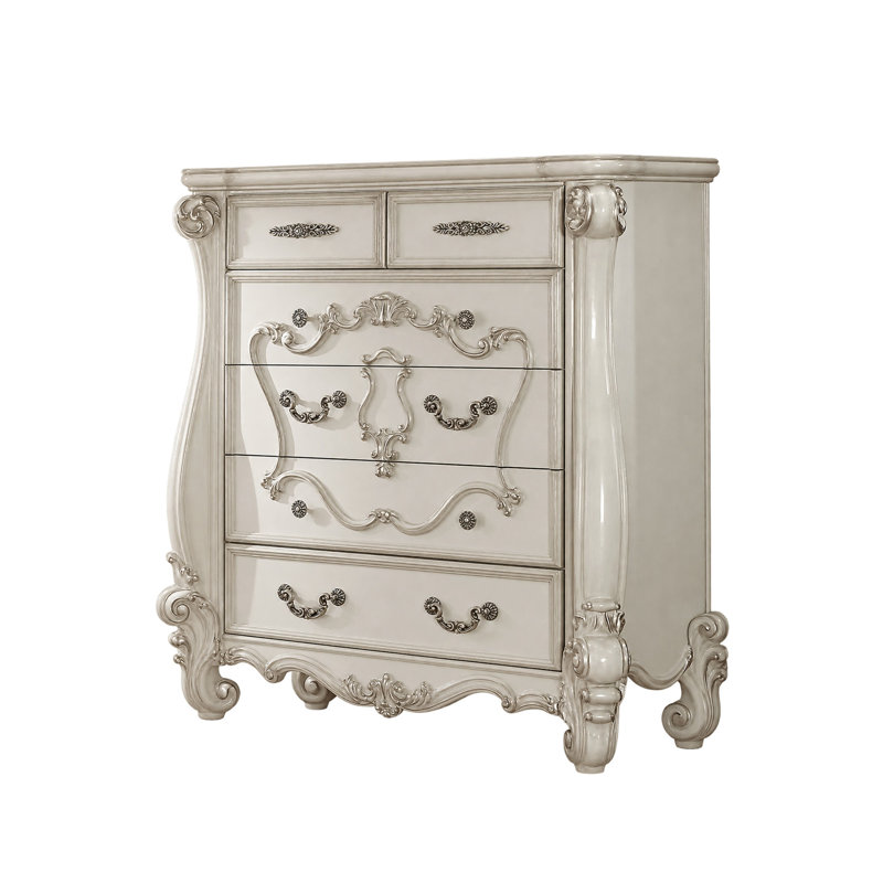 Ensemble de chambre à coucher King, gris et blanc, 5 pièces avec 2 tables de chevet, une commode et un chiffonnier.