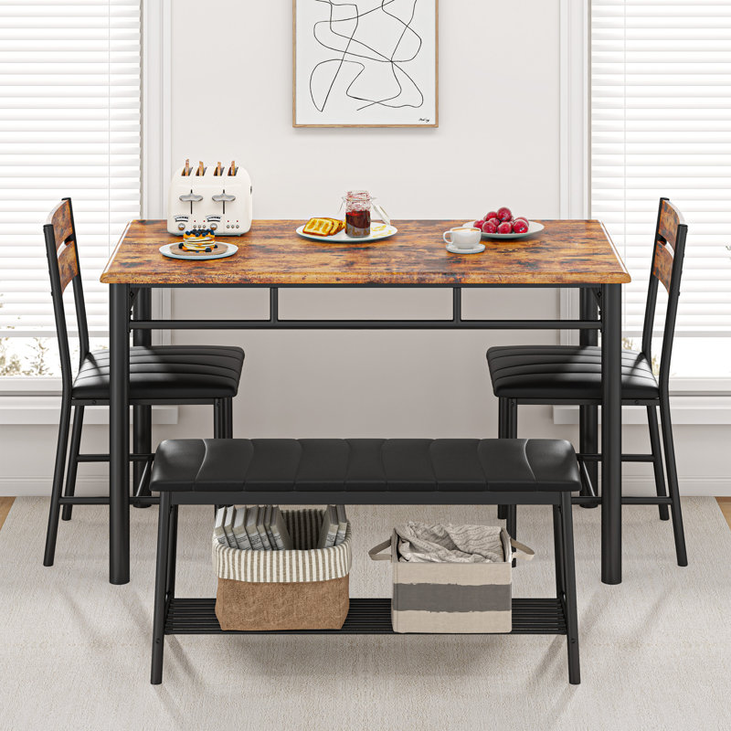 4-Piece Dining Table Set For 4, Kitchen Table With Pu Upholstered Bench and 2 Dining Chairs, Brown