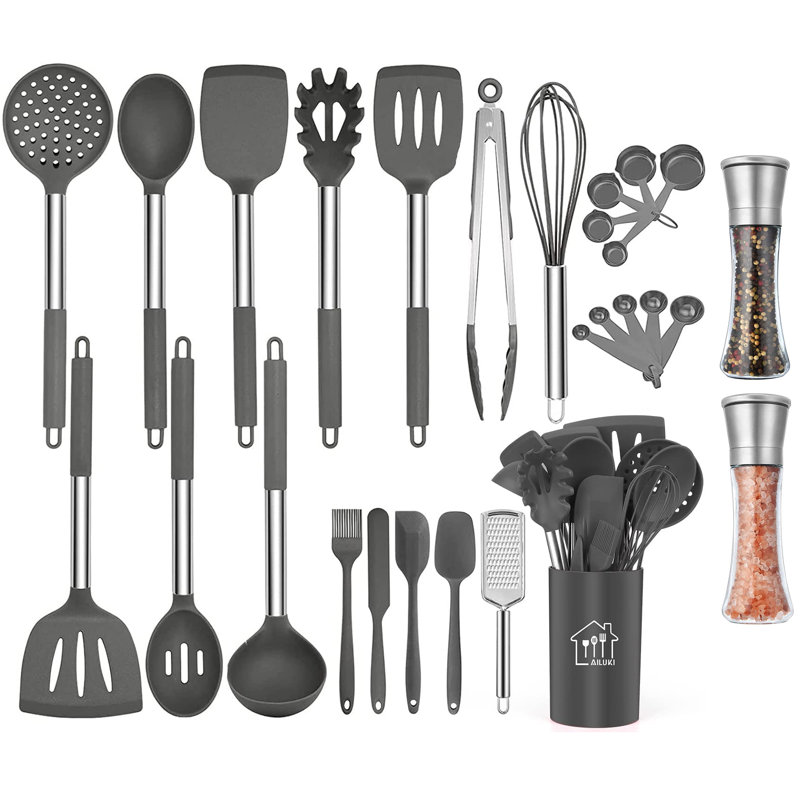 Ensemble 28 pièces d'ustensiles de cuisine en silicone, y compris le moulin à sel et à poivre