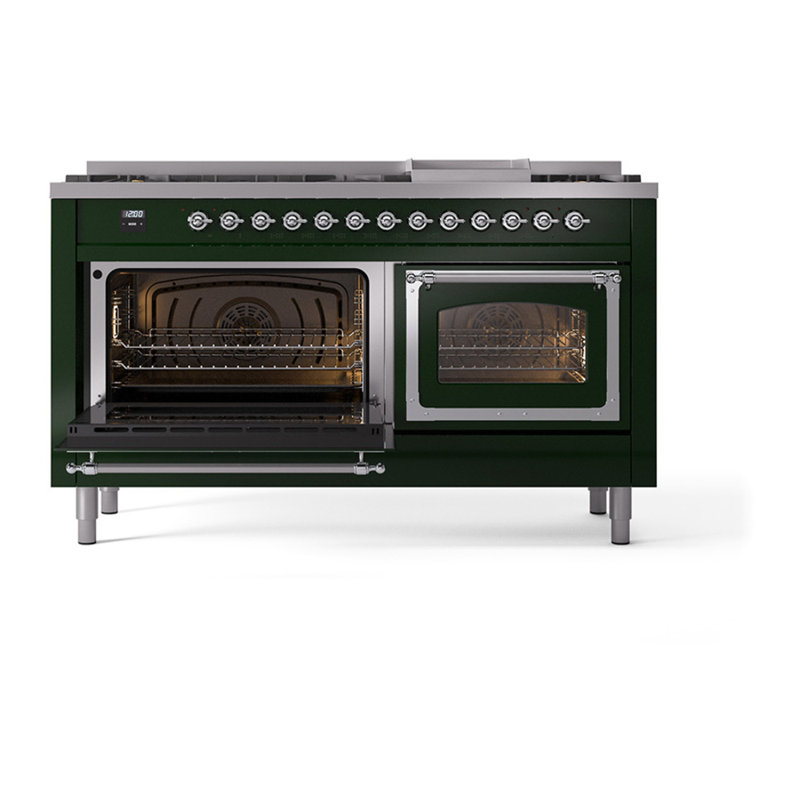 ILVE Nostalgie II Noblesse 60 in Dual Fuel Range, 9 Burner, Griddle, Liquid Propane, Emerald Green/Chrome