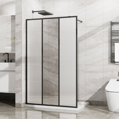 Porte de douche l 46 po x H 72 po Goodyo, conception à 3 panneaux avec miroir central et motif cannelé, verre trempé de 1/5 po (5 mm) avec film antidéflagrant, cadre de panneau de douche fixe à accès mat