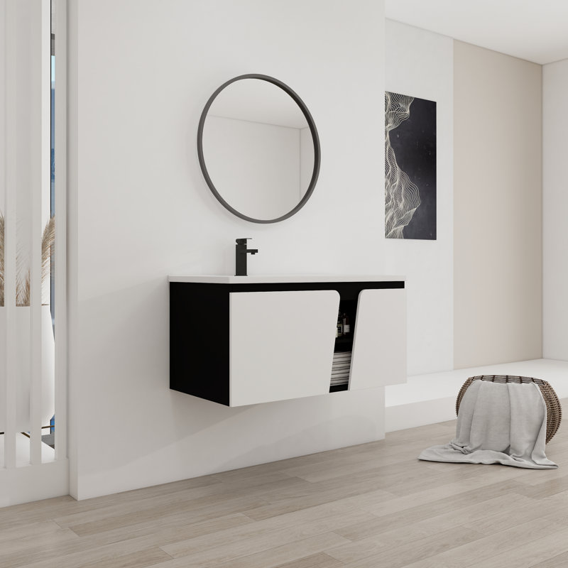 Modern Wall-Mounted Bathroom Vanity With Ceramic Sink And Soft-Close Cabinet Door,White&Black